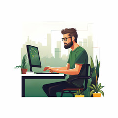 flat illustration of a focused software developer working at a minimalist desk setup