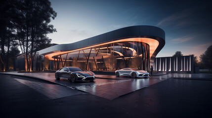 sleek cars in front of a modern high-tech automotive center at twilight