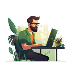 flat illustration of a dedicated software developer at a minimalist workspace