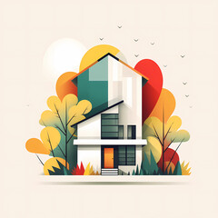 minimalist modern house design surrounded by colorful trees illustration