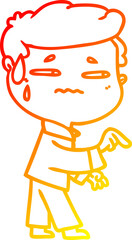 warm gradient line drawing of a cartoon anxious man pointing