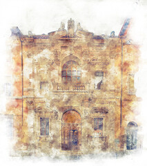 Digital illustration in watercolor style of the historic building of the Governor's Treasury in Rome next to the Capitoline Square, Italy - 689214239