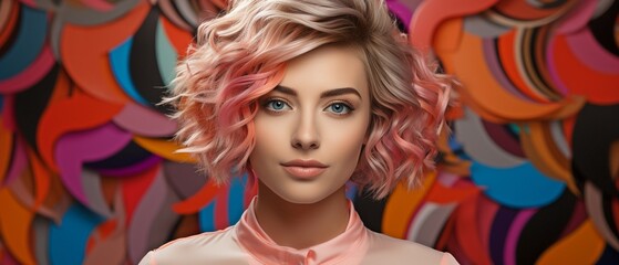 Fototapeta premium young, sensitive woman with short hair in closeup, on a vivid geometric background.