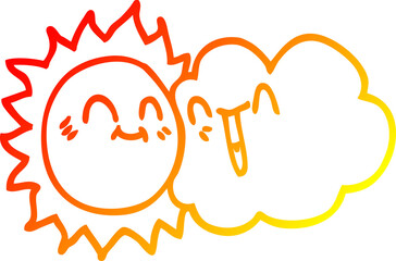 Fototapeta na wymiar warm gradient line drawing of a cartoon happy sunshine and cloud