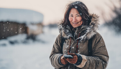 Eskimo in serene laughter, embracing nature with calm joy. - obrazy, fototapety, plakaty