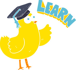 flat color illustration of bird with learn text