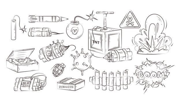 Dynamite and bomb set. Vector hand drawn icon set of explosive lethal weapon, TNT, dynamite pack and sticks, mine, hand grenade, missile, nuclear bomb. Military weapon, army, war in doodle style