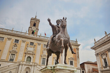Fototapeta na wymiar Photo of the Equestrian statue of Marcus Aurelius in Rome on the Capitoline Square, Italy