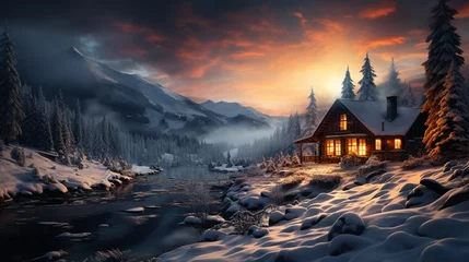 Photo sur Aluminium Matin avec brouillard A cozy cabin in a snowy landscape, with smoke gently rising from the chimney and the warmth inside contrasting with the cold beauty outside