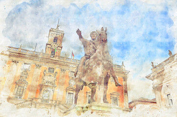 Digital illustration in watercolor style of the Equestrian statue of Marcus Aurelius in Rome on the Capitoline Square, Italy - 689215086