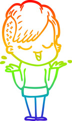 rainbow gradient line drawing of a happy cartoon girl