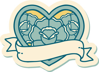 sticker of tattoo in traditional style of a heart and banner with flowers