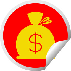 circular peeling sticker cartoon of a bag of money