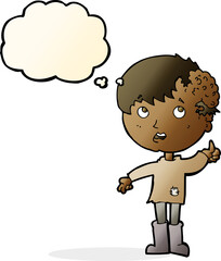 cartoon boy with growth on head with thought bubble