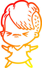 Obraz premium warm gradient line drawing of a cartoon annoyed hipster girl