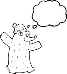 freehand drawn thought bubble cartoon bear wearing hat