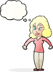 cartoon woman shrugging shoulders with thought bubble