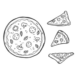 Outline pizza slices, whole pizza. Vector simple Doodle style sketch
