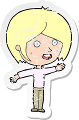 retro distressed sticker of a cartoon happy girl waving