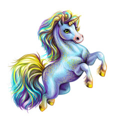 A graphic, color image of a cute running unicorn in watercolor style on a white background.