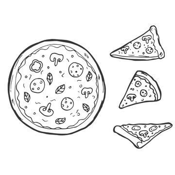 Outline pizza slices, whole pizza. Vector simple Doodle style sketch