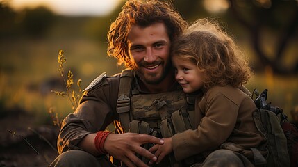 soldier with saved baby on his hands - obrazy, fototapety, plakaty