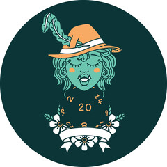 icon of half orc bard with natural 20 dice roll