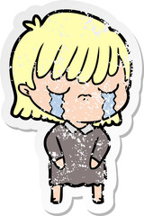 distressed sticker of a cartoon woman crying