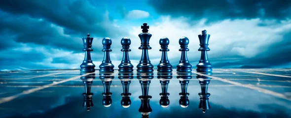 Fotobehang chess pieces on a board. horizontal Wallpaper  Creative banner or background. Blue bright  colors. strategy and teamwork concept  © XC Stock