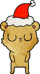 peaceful hand drawn textured cartoon of a bear wearing santa hat