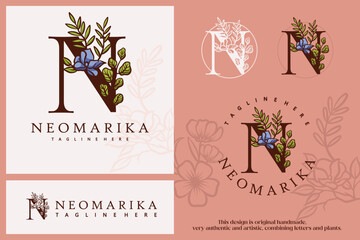 floral illustration and feminine letter N logo