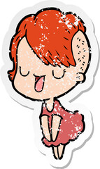 distressed sticker of a cute cartoon girl with hipster haircut