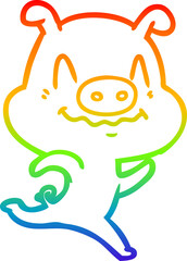 rainbow gradient line drawing of a nervous cartoon pig