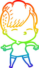 rainbow gradient line drawing of a cartoon squinting girl