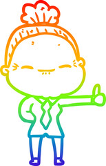 rainbow gradient line drawing of a cartoon peaceful old woman