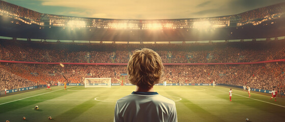 a young 11 years old boy playing soccer in a famous stadium with full audience generative ai - obrazy, fototapety, plakaty
