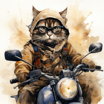 Watercolor Siamese cat riding motorcycle, clipart Illustration, Generative Ai