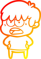 warm gradient line drawing of a worried cartoon boy