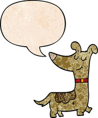 cartoon dog with speech bubble in retro texture style