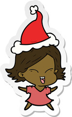 happy hand drawn sticker cartoon of a girl wearing santa hat