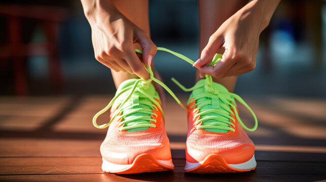 Person is tying laces of running sneakers on a paved street, preparing for physical activity or a workout.