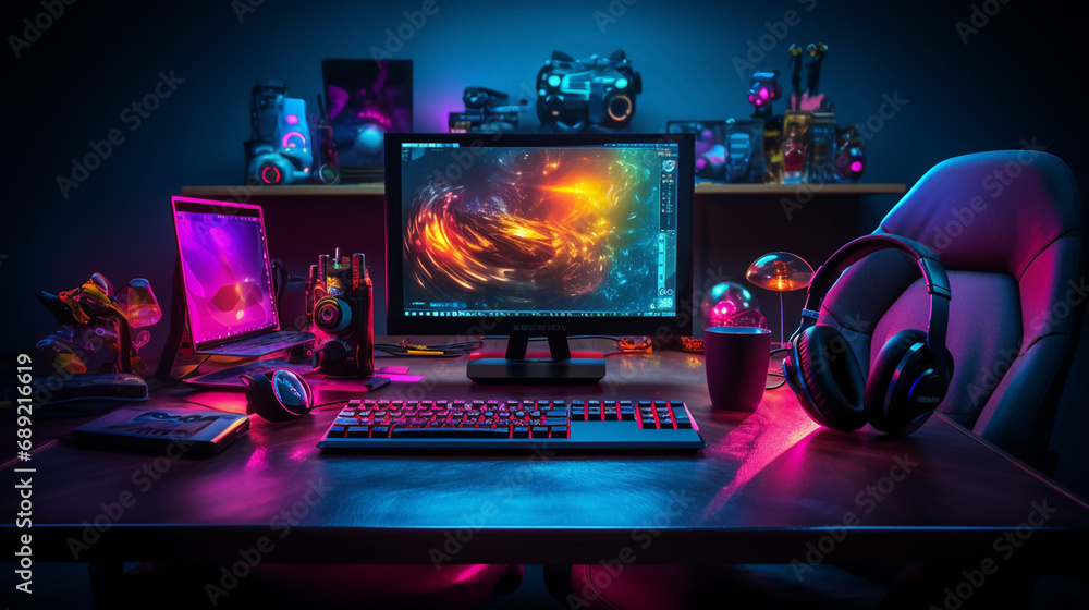 Poster wide gaming console table image with colorful neon busy room background and pc computer screen with 