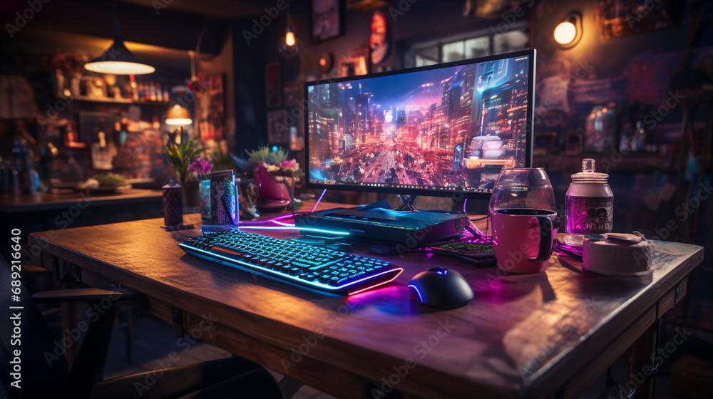 Poster wide gaming console table image with colorful neon busy room background and desktop computer screen 