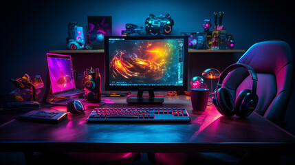 Wide gaming console table image with colorful neon busy room background and pc computer screen with...