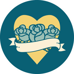 iconic tattoo style image of a heart and banner with flowers