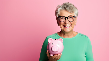 Fototapeta na wymiar Cheerful senior woman smiling widely while holding a piggybank, standing against a turquoise blue background.