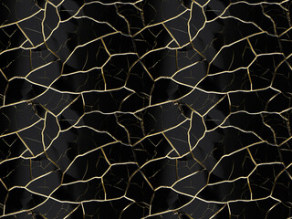 Gold Kintsugi Seamless Pattern, Luxury Golden Kintsukuroi Tile, Crack Broken Marble Texture