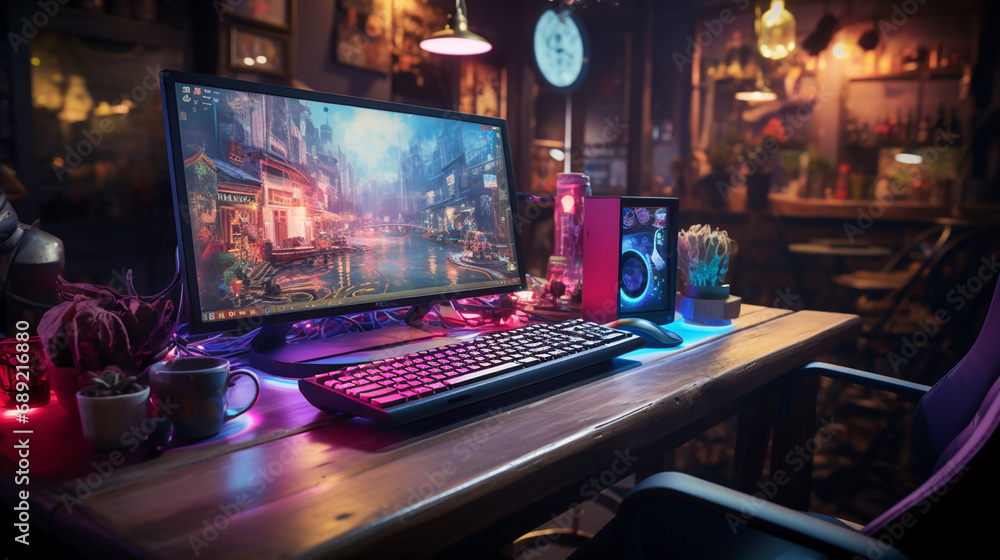 Poster wide gaming console table image with colorful neon busy room background and pc computer screen with 