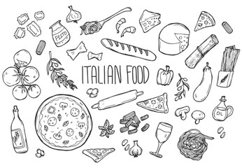 Set of doodles, hand drawn rough simple Italian cuisine food sketches. Isolated on white background