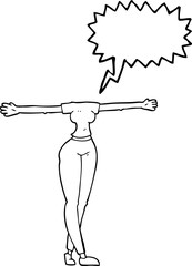freehand drawn speech bubble cartoon female body with wide arms